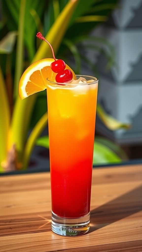 Tequila Sunrise cocktail in a tall glass with orange and red gradient, garnished with an orange slice and cherry.